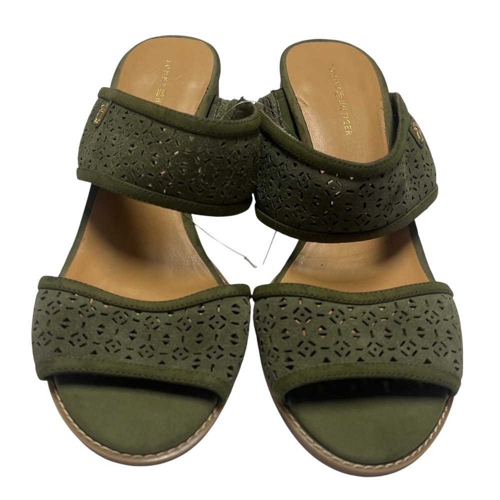 NEW! Tommy Hilfiger Olive Green Suede‎ Block Heel Sandals Size 9